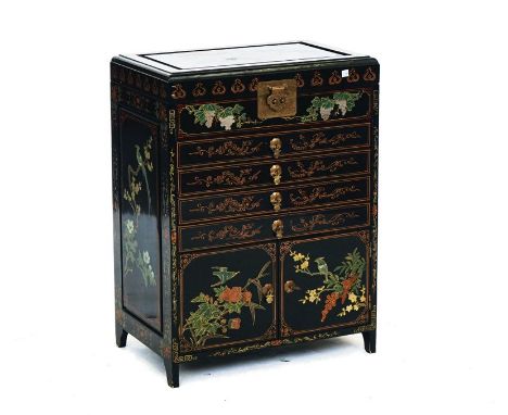 A MODERN CHINESE BLACK LACQUER SIDE CABINETWith lift top over four drawers and cupboards 57cm wide; 76cm highCondition report