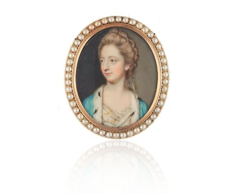 John Smart (1742-1811)A portrait miniature of a ladyWearing a green coat with ermine trimSigned and dated with initials 'J.S 