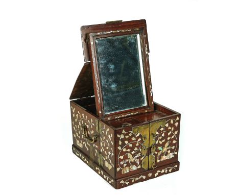 A SOUTH-EAST ASIAN MOTHER-OF-PEARL INLAID ROSEWOOD TRAVELLING TOILET CABINET19th CenturyWith hinged top opening and folding t