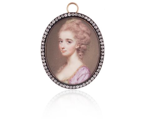 John Smart (1742-1811)A portrait miniature of a lady in an ermine bordered lilac coatwith pearlsSigned with initials and date