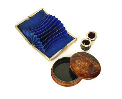 A PRESSED TORTOISESHELL AND BURR WOOD SNUFF BOX, A MOTHER OF PEARL VISITING CARD CASE AND A TORTOISESHELL THIMBLE CASE19th Ce