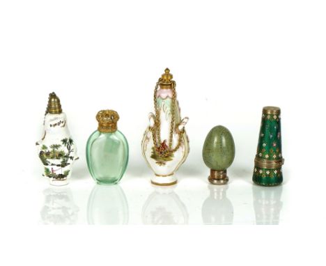 A VICTORIAN SILVER MOUNTED PORCELAIN 'BIRD'S EGG' SCENT BOTTLE AND FOUR FURTHER SCENT BOTTLES (5)By Sampson Mordan, London 18