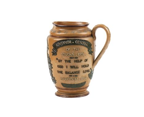 A DOULTON STONEWARE `GENERAL GORDON' JUGCirca 1884With applied portrait medallion and inscriptions, impressed marks, 20cm hig