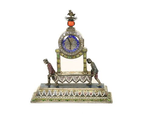 A VIENNESE SILVER, POLYCHROME ENAMEL AND GEM-SET MANTEL TIMEPIECEEarly 20th CenturyModelled as two figures carrying a sedan c