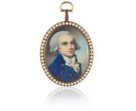 George Englehart (1750-1829)A portrait miniature of a gentlemanWearing a blue coat and white ruffOn ivoryIn a split pearl-set