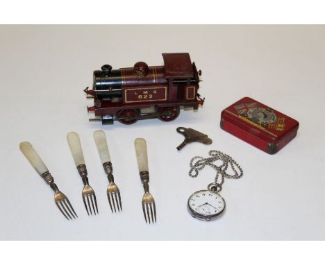 A Hornby tinplate LMS 623 tank engine, maroon livery with key (poor state), a set of four Victorian silver and mother of pear