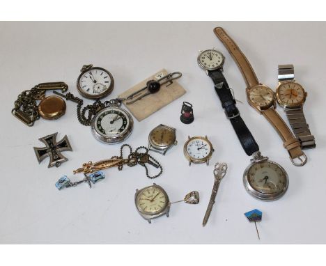 A selection of watches, to include an at fault silver pocket watch, other chrome pocket watches, tie pins and other gentleman