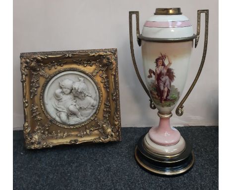 A late 19th century gilt metal and porcelain paraffin lamp base,, transfer decorated with a portrait of Diana, 40cm together 