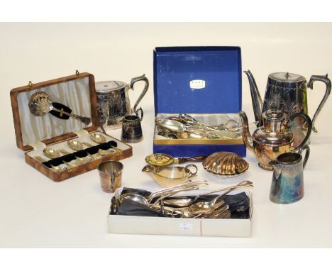 An Edwardian EPNS four piece tea service, together with a small quantity of silver plated flatware, cased dessert spoons, sca