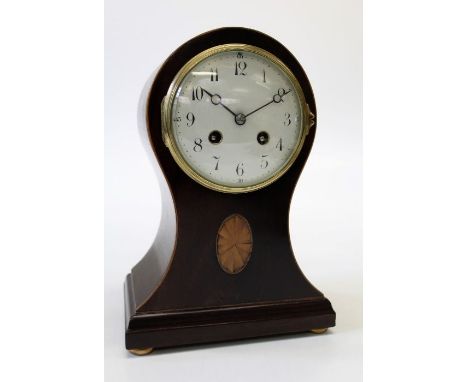 A late 19th century French mantle clock, the boxwood strung balloon case with fan inlay enclosing an eight day gong striking 