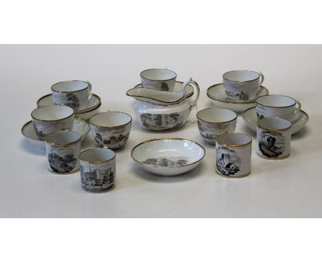 An early 19th century ' bat printed' part tea/coffee service, comprising seven cups, four coffee cans, cream boat and nine sa