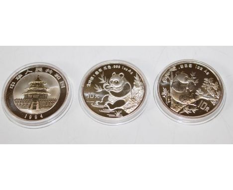 Ten Yuan one oz silver Chinese Bullion collection1991 Panda Feet in water KM386.11994 Seated Panda Eating KMA6231995 Panda si
