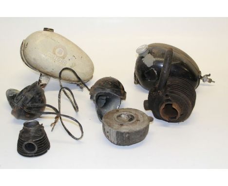 A quantity of vintage motorcycle and car parts including a cylinder and cylinder head and fuel parts 
