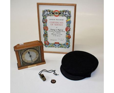 London Transport memorabilia including cap, GWR whistle and presentation clock etc