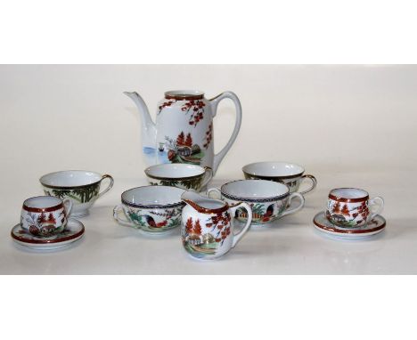 A mid 20th century Japanese Soko China twelve place tea service, each decorated with band of bamboo, birds and flowers, toget