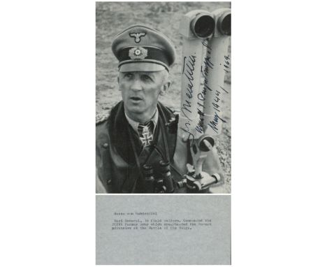 WW2. German General of 5th Panzer Army Hasso von Manteuffel Signed 6 x 4 inch Black and White Photo. Signed in black ink. Goo