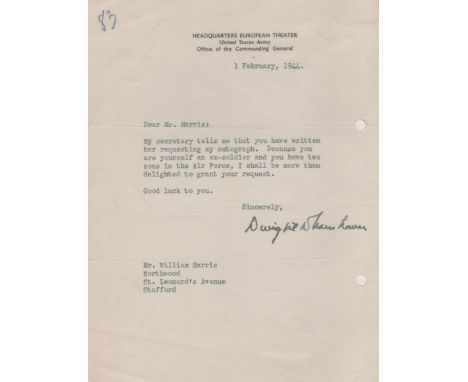 WW2. Dwight D Eisenhower Signed Typed Letter Dated 1st February 1944 on US Army headed Paper. Wartime Signature. Good conditi