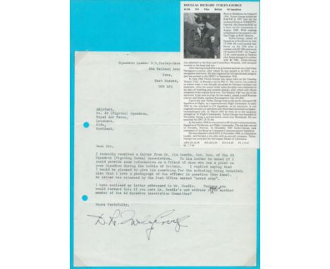 WW2 Battle of Britain. Flying Officer Douglas R Turley-George DFC Signed Typed Letter 30th March 1981 on Headed Paper. Good c