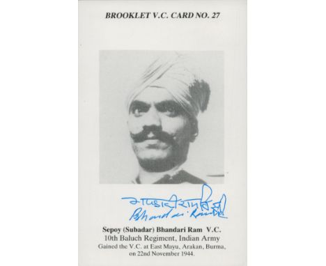 WW2. Sepoy (Subadar) Bhandari Ram VC Signed Brooklet VC Card No. 27. He was Sepoy in the 16th Battalion 10th Baluch Regiment,