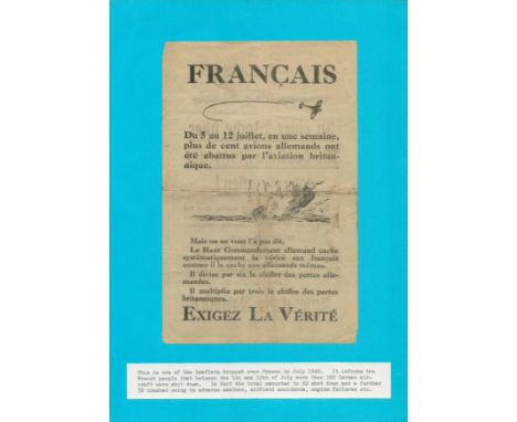 WW2 Relics. Leaflet Dropped Over France in July 1940. It Informs the French People that Between the 5th and 12th July more th