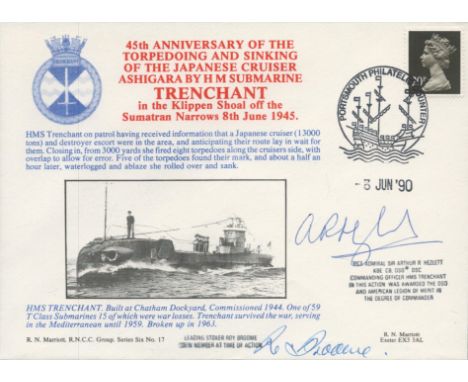 WW2. Vice Admiral Sir Arthur R Hezlett KBE CB DSO DSC and Leading Stoker Roy Broome Signed 45th Anniversary of the Torpedoing