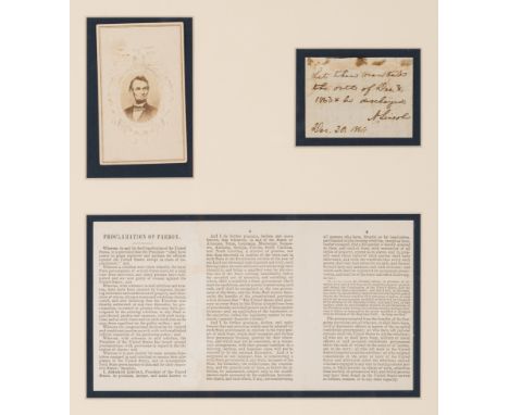 LINCOLN, Abraham (1809-1865). Autograph endorsement signed as President ( "A. Lincoln"), 30 December 1864.  1 page, 56 x 76 m