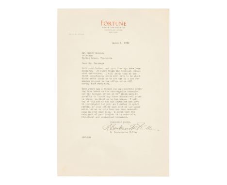FULLER, R. Buckminster (1895-1983). Typed letter signed ("R. Buckminster Fuller"), to Carey Caraway. New York, 1 March 1940. 