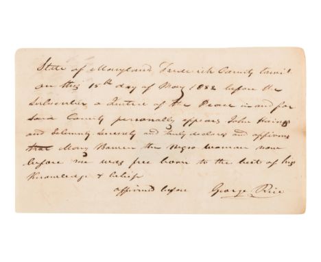 [SLAVERY AND ABOLITION]. Manuscript document, an affidavit of free birth, signed by Justice of the Peace George Rice. Frederi