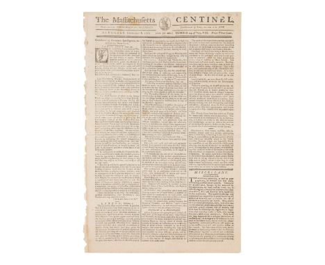 [NEWSPAPER]. The Massachusetts Centinel. Volume 8, No. 24. Boston: Benjamin Russell, Saturday, December 8, 1787.4 pages, foli