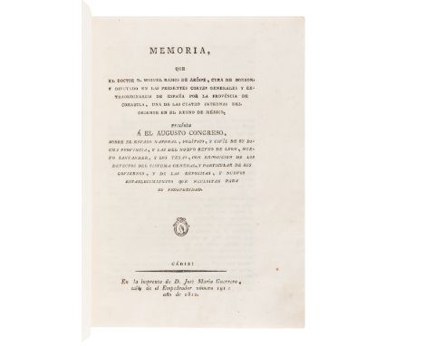 RAMOS ARISPE, Miguel. Memoria que el Doctor D. Miguel Ramos de Arispe, Cura de Borbon, y Diputado en las Presentes Cortes Gen
