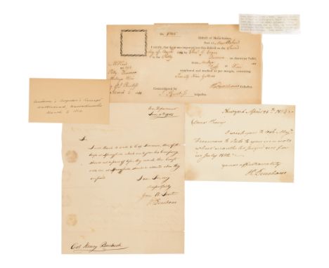 DEARBORN, Henry (1751-1829).   A group of 2 ALSs with a partially printed document accomplished in manuscript signed and coun
