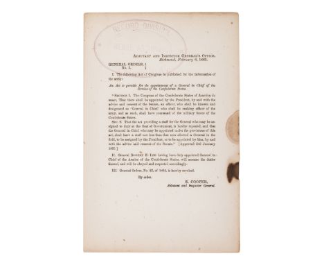 [LEE, Robert E. (1807-1870).]. General Orders No. 3. &nbsp;Richmond: Adjutant and Inspector General's Office, February 6, 186