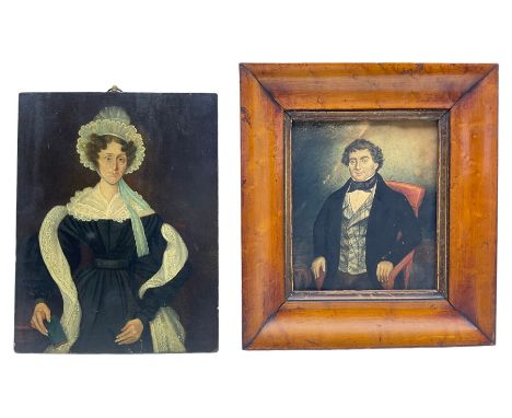 English School (19th century): Portrait of an Aristocratic Lady, oil on panel unsigned 23cm x 18cm; Portrait of a Gentleman, 