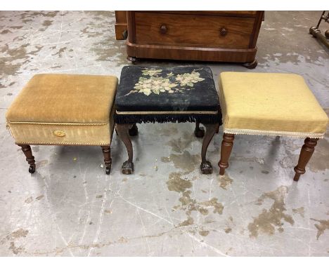 Group of three 19th century and later stoolsStool with rope trim and legs with castors- 40cm high x 48cm wide x 42cm deepNavy