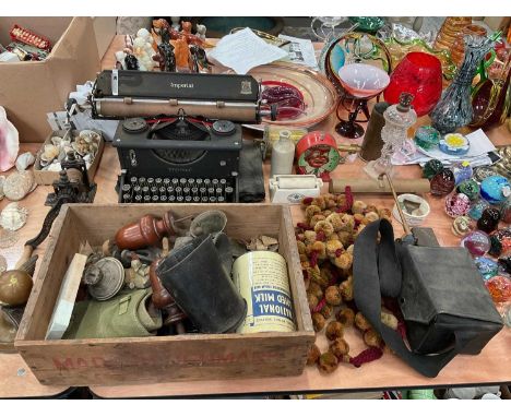 Vintage Imperial typewriter, pom-pom curtain tie backs and group of bygones.Seems to be working although some of the keys are