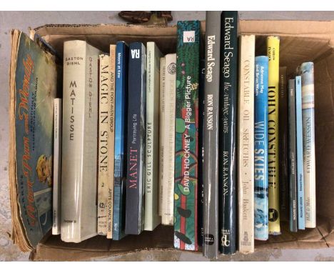 Box of books including works on Edward Seago and other East Anglian artists, David Hockney and others