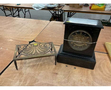 Victorian slate mantle clock and brass trivet