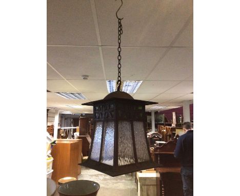 Arts &amp; Crafts hall lanternOne glass panel is cracked. General surface wear. Approx 30cm high excluding hook and chain, an