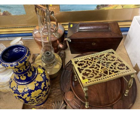 Copper kettle, brass trivet, 19th century those wood tea caddy and other items