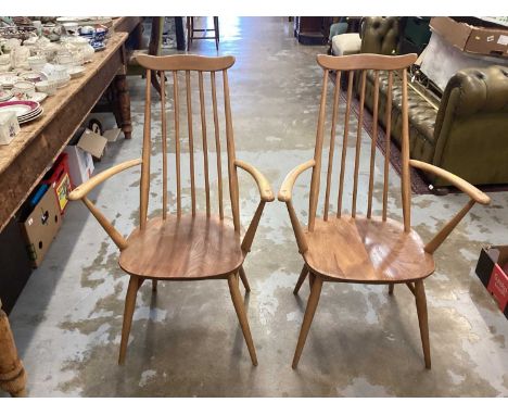 Pair of Ercol carver chairs and an Ercol wall shelf (3)