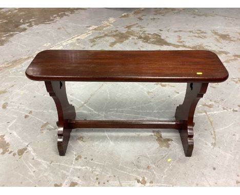 Trestle bench on end standards joined by stretcher, 103cm wide, 30cm deep, 57cm high