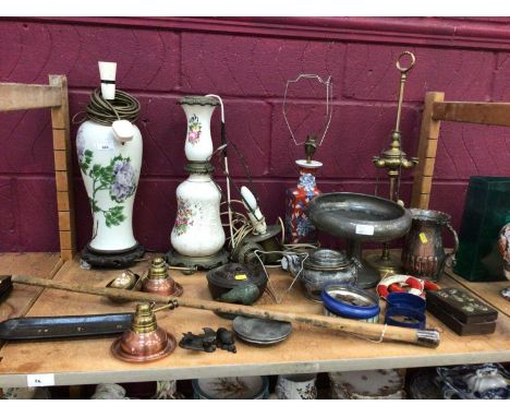 Sundry items, including lamps, silver topped cane, coins, a Chinese pewter teapot, etc (one shelf)