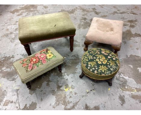 Group of four various footstools including two with tapestry tops