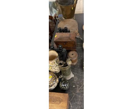 Oak tea caddy, brass coal bucket, two pairs of binoculars, bellows and sundries