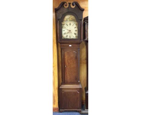 Early 19th century 30 hour longcase clock with painted arched dial with calendar aperture, in oak case with swan neck pedimen