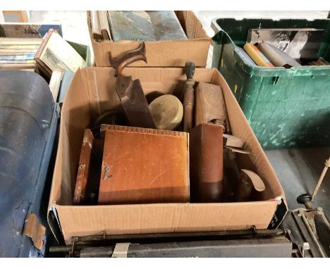 Collection of mixed items to include blue painted tin plate trunk, leather case, wall mirror, prints, typewriters, plane and 