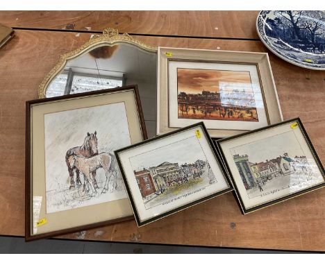 Ink and wash sketch "A Suffolk Mare with foal, Fran 1979", together with other pictures, a wall mirror and Delft charger