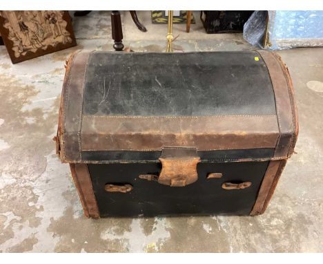 19th century mahogany pole screen on trefoil base, together with a Brass standard lamp and a dome top trunk (3)