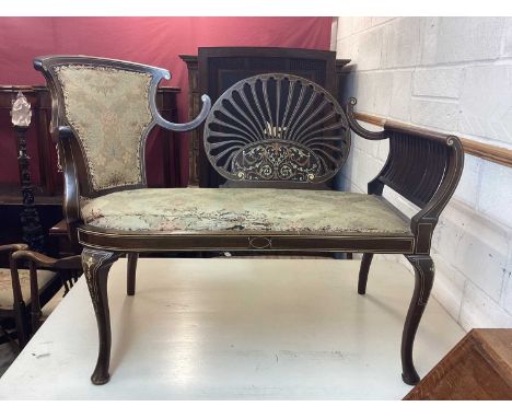 Late Victorian inland mahogany salon sofa with pierced scalloped back and scroll end on cabriole legs, 119cm wide, 49cm deep,