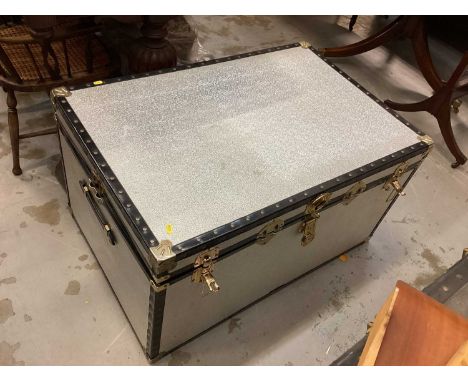 Large trunk, 98cm wide, 65cm deep, 53.5cm high, together with a folding tray labelled The Centurion (2)Good condition